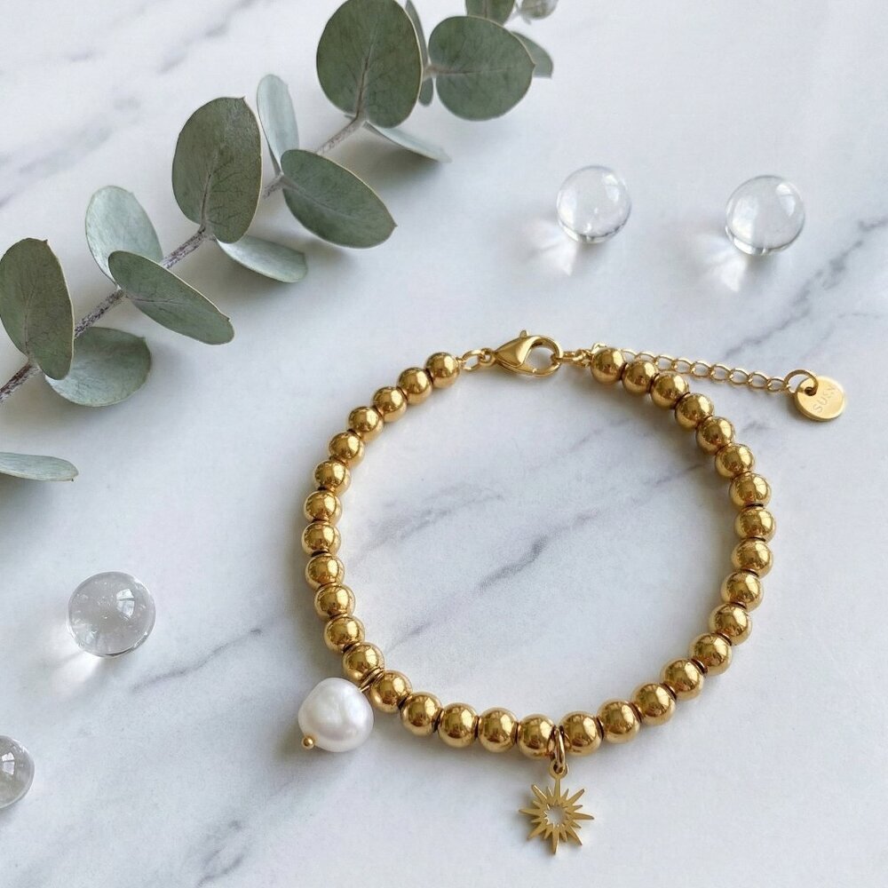 18K Gold Plated Stainless Steel Beaded Sun Pearl Charm Bracelet Boho Celestial